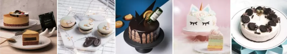 超人氣熱門款:日光舞茶/法芙娜星空馬卡龍/威士忌三重奏/玩美 UNICORN 彩虹蛋糕/Oero 生乳酪慕斯(由左至右排列)