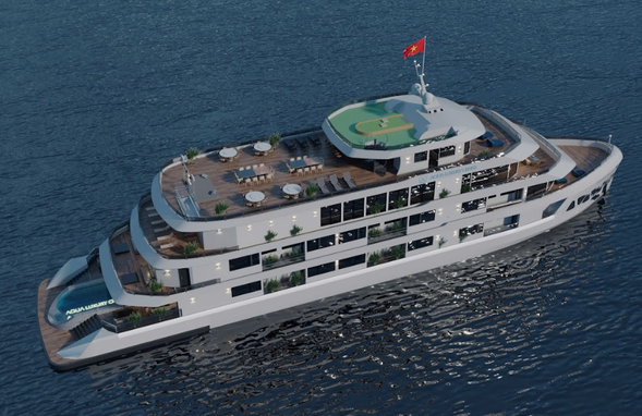 搭乘快艇轉乘水映豪華遊輪。