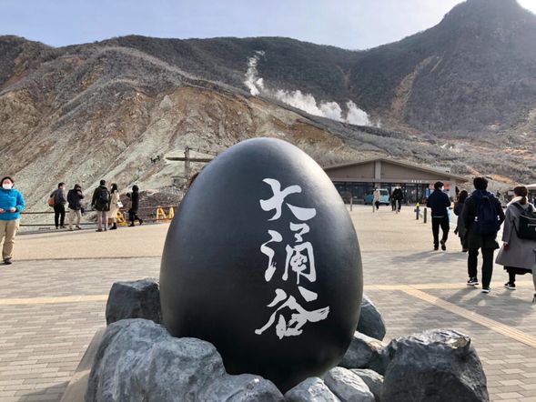 【Black Eggs of Owakudani】
Legend has it that eating one black egg can extend your life by seven years! These famous "black eggs" are cooked in the hot spring water at Owakudani. The high-temperature and acidic hot spring water turns the eggshells black.