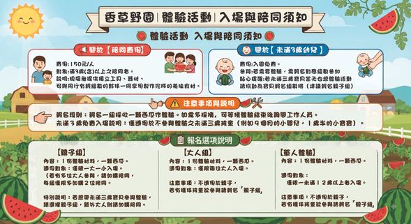 報名選項說明:
親子組(1份體驗材料、一顆小西瓜)
-此方案為 僅 一大一小 入場 若有多大人參與 請加購陪同
大人組(1份體驗材料、一顆小西瓜)
-此方案為 僅兩位大人入場(不適用於親子若有孩童欲參與請報名一大一小)
單人體驗(須滿12歲以上、1份體驗材料、一顆小西瓜)
-此方案為 僅一位滿12歲以上入場
如若未滿三歲 想要帶寶貝報名體驗 請選擇一大一小 報名體驗 而外大人請加購陪同
以上不適用於未滿三歲免費入場
未滿三歲免費入場說明為
不參與體驗之未滿三歲孩童 例如 9個月大 小嬰兒 一歲半小寶寶
