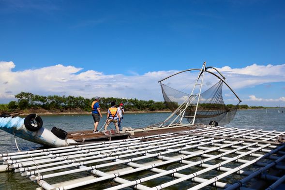 沿途導覽並欣賞七股潟湖獨特風景,以及參觀定置魚網與表演八卦網魚法