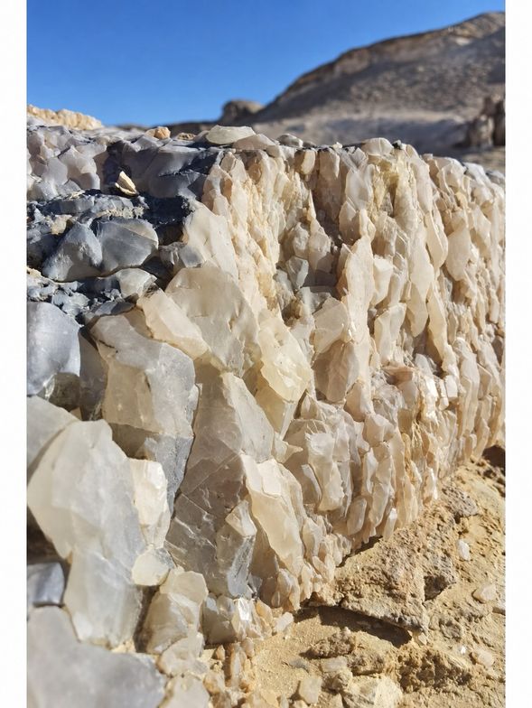 水晶山 Crystal Mountain
黑白沙漠地區特殊的自然地貌之一,以帶有晶體質感的岩石景觀為特色。陽光照射下,岩層呈現不同光澤,是穿越埃及西部沙漠途中相當具有辨識度的一站。