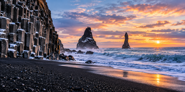 雷尼斯黑沙灘 Reynisfjara
世界知名的冰島黑沙灘,以黑色火山砂、玄武岩柱與巨大海蝕柱聞名。洶湧的北大西洋浪潮搭配特殊地質景觀,呈現冰島粗獷而神秘的一面。
