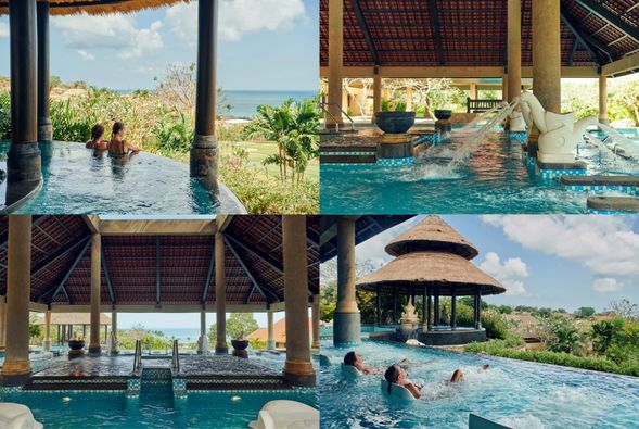 Thalassotherapy Pool 法國海洋水療
(現金匯款加贈免費入場享用 2小時)
位於【AYANA Resort and Spa, Bali】內的 Thalassotherapy Pool,
是亞洲最大、最具代表性的海洋水療池之一。整座設施面向壯闊的印度洋,以法國布列塔尼地區傳統的「Thalasso 海洋療法」為核心,
使用天然海水經過特殊淨化與恆溫加熱至約 38°C,
搭配多組「水壓噴射、氣泡床、浮力區、瀑布式水柱按摩」等系統,
能有效促進血液循環、舒緩肌肉疲勞、加強代謝與排毒。
整個水療區共設有 12 種水療體驗區段,依照不同水流強度與方向設計,
從腳底反射區、腿部循環、背部放鬆到全身舒壓,
讓旅人以最自然的方式,達到身心療癒與深層放鬆。
此外,Thalassotherapy Pool 的位置絕佳,
無邊際海景與夕陽交織成畫,搭配海浪聲與海風氣息,
不論晨曦或黃昏時段,都有著極致療癒的氛圍。