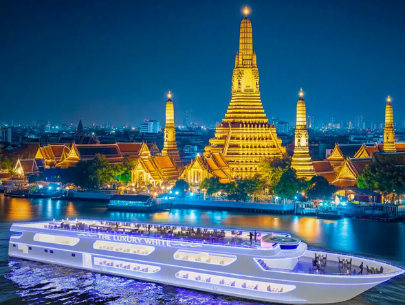 The voyage begins with a moonlit cruise along the Chao Phraya River.