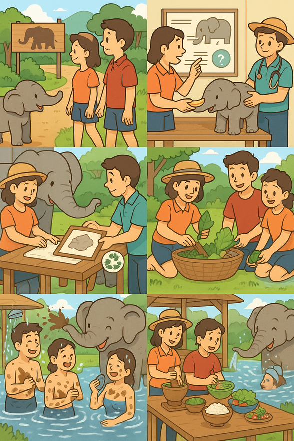 【半日遊活動行程內容】
- 抵達大象保護區 🐘
- 了解大象的基本資訊,包括行為習性與安全須知 📖
- 與大象見面並親手餵食 🍌
- 參與大象健康檢查 🩺
- 體驗獨特的「大象糞便造紙」環保手作活動 ♻️
- 幫助準備天然營養補充食品 🌿
- 與大象一起享受泥漿SPA 🛁
- 與大象共浴,體驗難忘互動 🚿
- 使用設施淋浴、更換乾淨衣物 👕
- 參加泰式青木瓜沙拉(Som Tam)製作活動 🥗
- 享用傳統泰式午餐及當季水果 🍽️
- 與大象道別,結束愉快體驗 👋