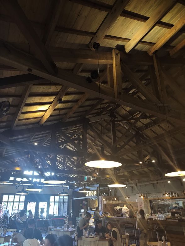 進到餐聽內,立馬可見現存保留最大面積的木造屋頂架構