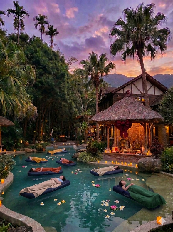 前陣子瞬間爆紅的「Floating Sound Bath」
慵懶地躺在浮墊上,缽的共鳴在陽光下迴盪,
整個人彷彿飄浮在雲端,煩惱瞬間被沖刷乾淨,
讓水帶著你找到內在寧靜。