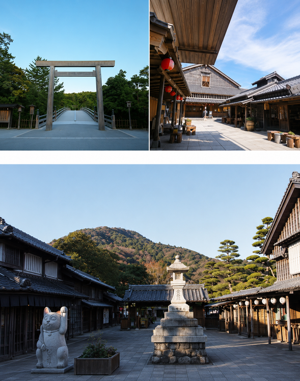 Ise Grand Shrine Inner Shrine (Naiku) & Okage Yokocho
Visit the famous Inner Shrine and enjoy free time strolling through the atmospheric streets of Okage Yokocho.
(Approx. 120 minutes)