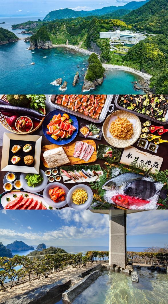 Dogashima Onsen – Dogashima New Ginsui (Arrival around 16:00)
Enjoy an early check-in at this oceanfront resort, where every room offers sweeping seaside views.
Relax in the scenic open-air bath and savor dinner made with seasonal Izu ingredients.