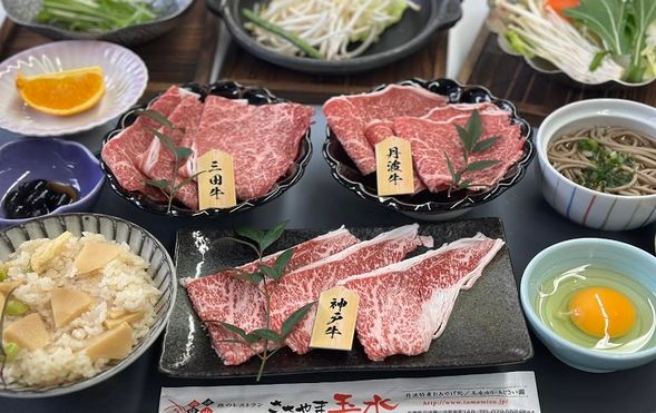 Sasayama Tamamizu
Enjoy a luxurious lunch featuring a tasting of three premium Wagyu beef brands — Kobe Beef, Sanda Beef, and Tanba Beef! (Approx. 50 min)
Includes a sweet souvenir of three kinds of strawberries!