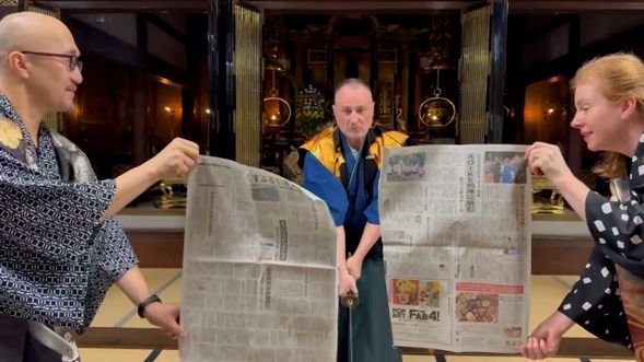 Learn how to draw and put away the sword , practice basic stances and cutting moves, and try test-cutting on rolled newspaper.