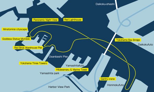 Cruise Route: Red Brick Warehouse → Yokohama Three Towers → Hikawamaru and Marine Tower → Gantry cranes → Yokohama Bay Bridge → Red Lighthouse → Panorama night view → Minatomirai city → Statue of Goddess Michibiki (60 min)