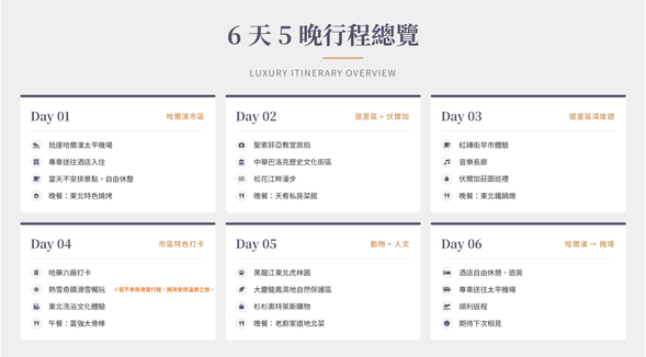 接機日:抵達哈爾濱太平機場
前往市區酒店入住,當天不安排景點,自由休整
晚餐:東北特色燒烤
※ 附上6天精簡版行程表