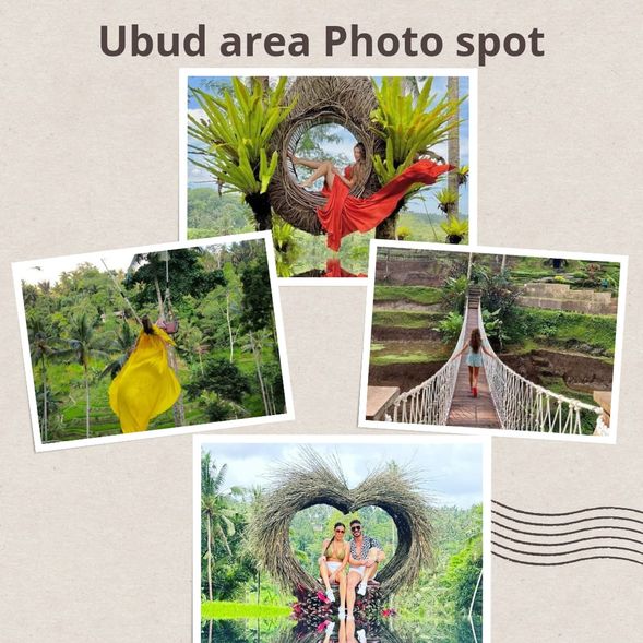 - Photografer Tour Ubud area -
08.00 - Pick up Hotel ( Kuta, Seminyak, Kerobokan, Canggu, Ubud, Jimbaran, Tuban, Sanur, and Denpasar ) and the duration this program tour is 8hours
Our driver will wait in the lobby at 08.00
08.30 - Start the tour
Ubud Area :
- Happy Swing
- Alas Harum Rice Terrace
- Back To Hotel