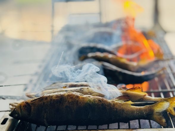 享用鮮魚食材大餐,包含鹽烤香魚、炙燒鱘龍魚、莫瑞鱈魚湯等美食。