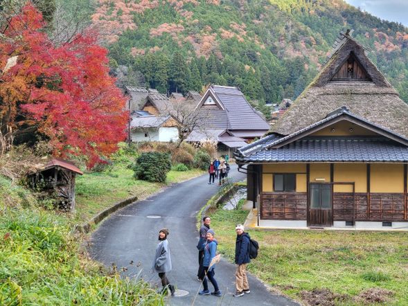 晨起散步美山稻田,沿著步道走訪茅草屋與神社,呼吸被山嵐洗滌的空氣。