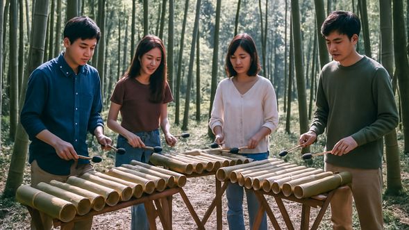 老師帶領,練習與大自然聲音一起演奏共鳴