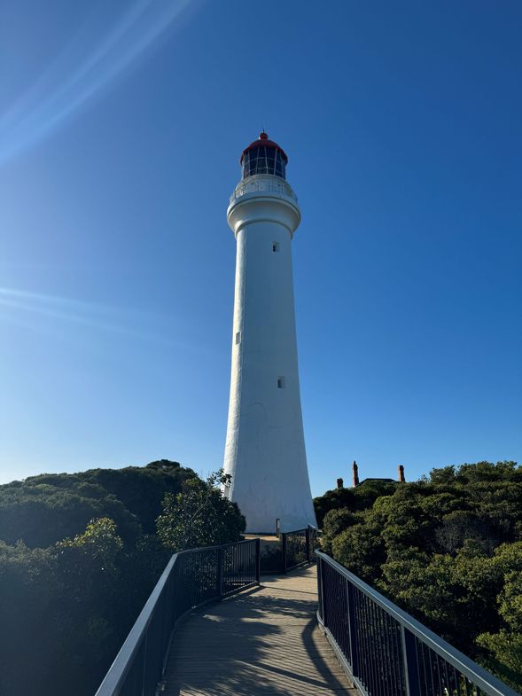 小紅帽燈塔(Split Point Lighthouse)位於大洋路 Aireys Inlet 海岸,因其塔頂紅色帽狀結構而被華人旅客暱稱為「小紅帽燈塔」。燈塔建於 1891 年,至今仍為航海導航之重要地標。
燈塔矗立於海岸高處,視野開闊,可俯瞰南大洋壯麗海景與岩岸地貌。建議停留時間約 15–20 分鐘,旅客可於觀景平台拍照留念,行程節奏輕鬆自然。