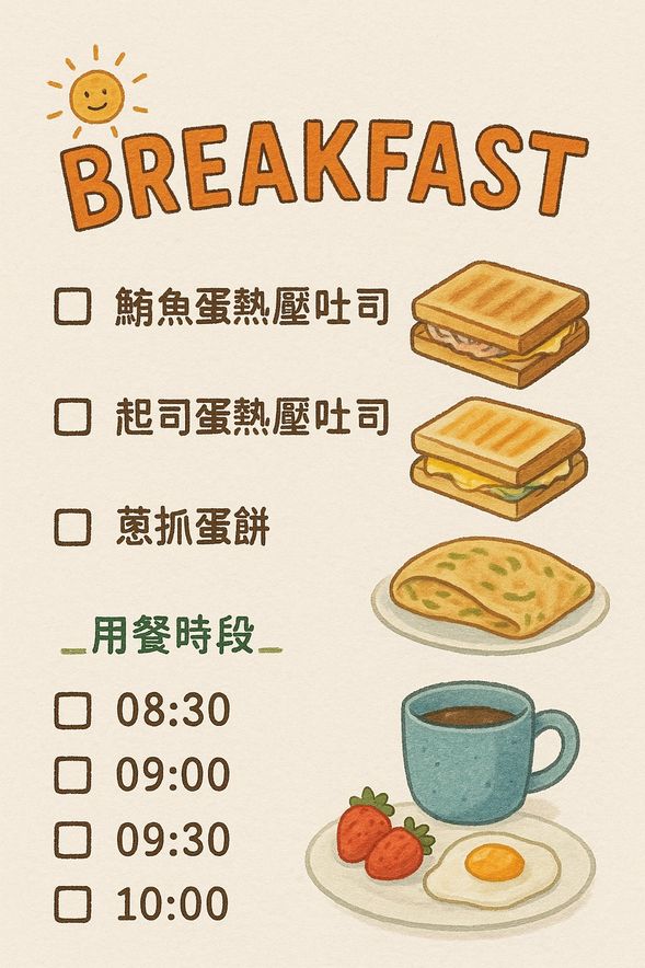 活力早餐
08:30 ~ 10:00
