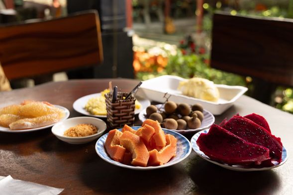 越南熱帶水果音樂體驗
體驗一場結合美食與音樂的饗宴:一邊享用豐盛的越南熱帶水果大餐,一邊聆聽現場演唱的越南歌謠。
體驗各式各樣的熱帶水果,有甜美多汁的芒果、清涼的火龍果、濃郁的榴蓮以及酸甜的鳳梨,色彩繽紛,讓人垂涎欲滴。