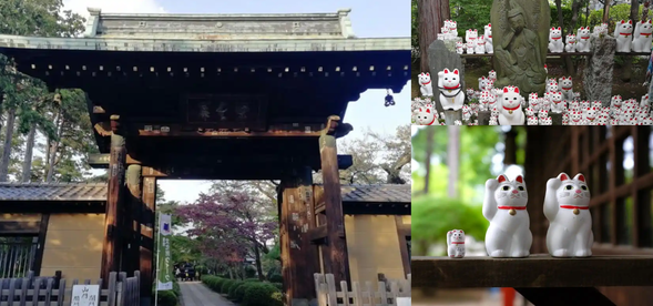 Hodei-ji Temple is a Zodo Buddhist temple located in the Nijū-machi area of Setagaya Ward, Tokyo. It originated as a Rinzai nunnery founded in 1480 and was converted to the Zodo school in 1584. The temple gained its name due to the renovations carried out by the Hikone Domain's lord, Ii Naotaka, during the Edo period. His religious name, "Hodei Ten-ei-ji," became the source of the temple's name. As the birthplace of the cat-shaped lucky charm culture, the temple houses thousands of statues of lucky cats symbolizing the bringing of good fortune and wealth, and features a dedicated "Lucky Cat Hall." The temple holds both religious and scenic value, with cherry blossoms in spring and autumn red leaves forming distinctive landscapes. The surrounding area preserves historical sites such as the Setagaya Castle ruins.