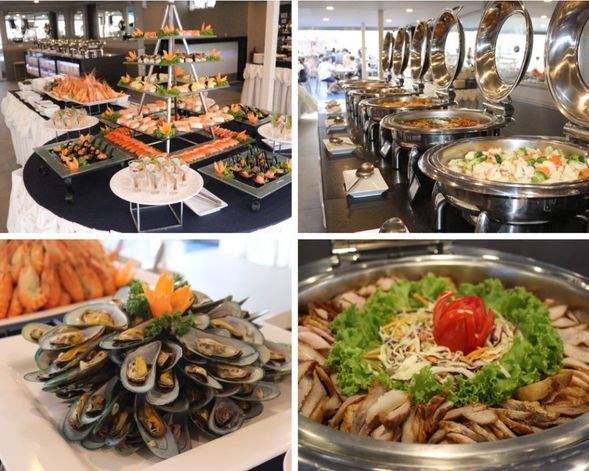 **Buffet自助餐內容**
**海鮮**:蒸河蝦、蒸貽貝
**主菜**:鹹蛋炒魷魚、蠔油炒菜、醬油蒸多利魚、腰果炒雞、炸雞翅、炒麵、海鮮炒飯
烤肉:烤豬肉、烤牛肉
**飯**:白飯
**湯**:泰式酸辣湯、蘑菇湯
**開胃菜**:沙拉吧、泰式檸檬魚、香辣鮭魚沙拉、冷盤、鮪魚沙拉、烤雞肉沙拉、海藻沙拉、壽司、炸蔬菜、海鮮粉絲沙拉
**甜點**:當季水果、泰式甜點
**飲料**:水、冰、可樂