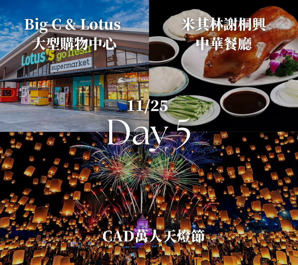 【Big C & Lotus 大型購物中心】:泰國知名大型連鎖購物中心與超市,販售各式零食、伴手禮、服飾與生活用品,是旅客購買泰國特色商品與零食的好地方。
【米其林謝桐興中華餐廳】:清邁知名中華料理餐廳之一,入選米其林指南推薦,以道地中式料理與精緻口味聞名,是旅客與當地人都喜愛的人氣餐廳。
【CAD 萬人天燈節】:清邁一年一度最盛大的節慶活動之一。成千上萬盞天燈同時升空,場面壯觀夢幻。旅客可以親自放天燈許願,體驗泰國傳統文化與節慶氛圍。