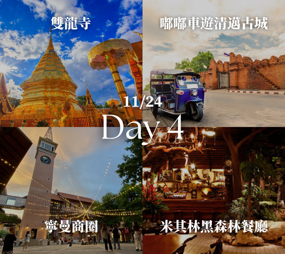 【雙龍寺】:位於素帖山上的著名寺廟,也是清邁最重要的地標之一。寺廟金碧輝煌,供奉著莊嚴的佛塔與佛像,並可俯瞰整個清邁市區美景。
【Boat Bakery & Restaurant】:位於清邁大學附近,是當地非常經典的老字號餐廳與烘焙店。自1980年代營業至今,深受學生與當地居民喜愛,是清邁人從小吃到大的回憶餐廳之一。
【嘟嘟車古城巡禮】:搭乘泰國經典交通工具「嘟嘟車」,遊覽清邁古城。行程將經過塔佩門與古城區,也會停靠帕辛寺與柴迪隆寺,讓旅客拍照留念。
【寧曼商圈】:清邁最具特色的文創商圈之一,聚集許多設計風格小店、咖啡廳與特色商店,是購買伴手禮與體驗清邁年輕文化的熱門地點。
【米其林黑森林餐廳】:連續五年獲選泰國米其林推薦餐廳,並被列入世界前十大森林餐廳之一。餐廳氣氛優美、景觀特別,連洗手間都曾被票選為清邁最漂亮的洗手間之一。