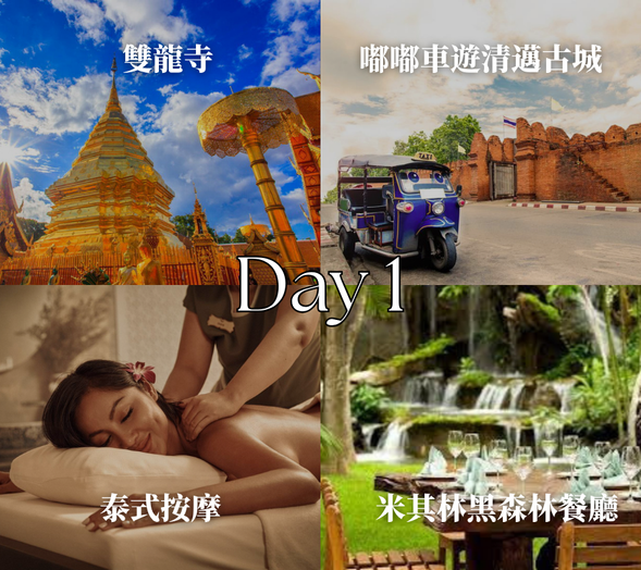 【雙龍寺】:位於素帖山上的著名寺廟,是清邁最重要的地標之一。寺廟金碧輝煌,供奉莊嚴的佛塔與佛像,並可俯瞰整個清邁市區美景。
【Boat Bakery & Restaurant】:位於清邁大學附近,是當地經典的老字號餐廳與烘焙店。自1980年代營業至今,深受學生與當地居民喜愛,是許多清邁人從小吃到大的回憶餐廳。
【嘟嘟車遊清邁古城】:搭乘泰國經典交通工具「嘟嘟車」,帶您遊覽清邁古城。行程將經過塔佩門、護城河與古城街道,途中亦會停留帕辛寺與柴迪隆寺,供旅客拍照留念。
【泰式按摩】:泰國著名的傳統養生療法之一,結合按壓、伸展與拉筋,有助於放鬆身體、舒緩疲勞。
【米其林黑森林餐廳】:連續五年獲選泰國米其林推薦餐廳,並被列入世界前十大森林餐廳之一。餐廳氣氛優美、景觀特別,連洗手間都曾被票選為清邁最漂亮的洗手間之一。