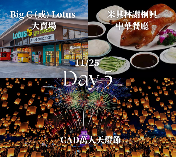【Big C 或 Lotus 大賣場】:泰國知名大型連鎖購物中心與超市,販售各式零食、伴手禮、服飾與生活用品,是旅客購買泰國特色商品與零食的好地方。
【米其林謝桐興中華餐廳】:清邁知名中華料理餐廳之一,入選米其林指南推薦,以道地中式料理與精緻口味聞名,是旅客與當地人都喜愛的人氣餐廳。
【CAD 萬人天燈節】:清邁一年一度最盛大的節慶活動之一。成千上萬盞天燈同時升空,場面壯觀夢幻。旅客可以親自放天燈許願,體驗泰國傳統文化與節慶氛圍。