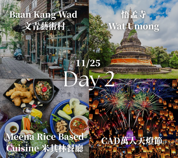 【Baan Kang Wat 文青藝術村】:清邁著名的文創藝術村,聚集許多當地藝術家與工匠,販售各式手工藝品與創意商品,是清邁知名的文青打卡景點之一。
【悟孟寺 Wat Umong】:清邁歷史悠久的森林寺廟之一,以古老的佛教隧道與寧靜的自然環境聞名。寺廟被樹林環繞,氣氛清幽,是當地人與旅客靜心參拜與散步放鬆的好地方。
【Meena Rice Based Cuisine 米其林餐廳】:位於清邁郊區的特色農場餐廳,以色彩繽紛的「五色米飯」聞名,搭配泰北家常料理與農場風味菜餚。餐廳被自然綠意環繞,氣氛悠閒,是米其林推薦的人氣餐廳之一。
【CAD 萬人天燈節】:清邁一年一度盛大的天燈節慶活動,成千上萬盞天燈同時升空,場面壯觀夢幻。旅客可以親自放天燈許願,體驗泰國傳統文化與節慶氛圍,是清邁最具代表性的節慶活動之一。