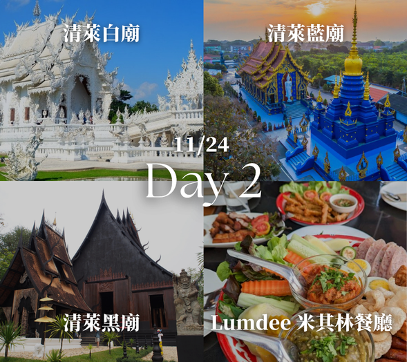 【清萊白廟】: 清萊最著名的地標之一,由泰國藝術家精心設計建造,以純白建築與精緻雕刻聞名,象徵純潔與佛教信仰,是泰國必訪景點之一。
【Lanmaihom 泰式餐廳】: 是一間結合泰式與北泰風味的特色餐廳,菜色道地又豐富。泰式船麵、泰北料理、芒果糯米飯、摩摩喳喳通通都有,讓人一邊享用美食,一邊感受清邁悠閒的生活步調。
【清萊藍廟】: 規模宏大又壯觀,以夢幻藍色系與金色雕飾聞名。寺廟融合現代藝術與傳統佛教元素,內部佛像潔白莊嚴,整體氛圍神秘而寧靜,是感受心靈平靜的好地方。
【清萊黑廟】: 由泰國知名藝術家打造的藝術博物館,以黑色木屋建築與獨特藝術收藏聞名,充滿神秘氛圍,是清萊極具特色的文化景點。
【Lumdee 米其林餐廳】: 清邁相當受歡迎的泰北料理餐廳之一,以道地泰式風味與豐富菜色聞名。餐廳氣氛輕鬆,料理口味濃郁且份量充足,是許多旅客品嚐泰國料理的熱門選擇。