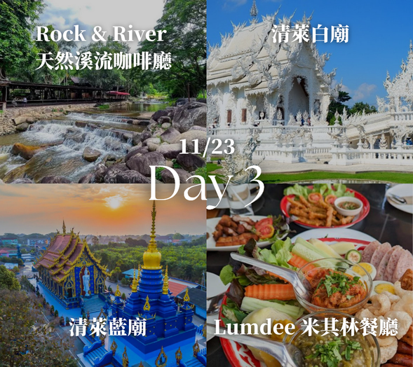 【Rock & River 天然溪流咖啡廳】:餐廳座落於天然溪流旁,四周環繞著茂密森林與花卉景觀。
【清萊白廟】:清萊最著名的地標之一,由泰國藝術家精心設計建造。整座寺廟以純白建築與精緻雕刻聞名,象徵純潔與佛教信仰,是泰國必訪景點之一。
【Lanmaihom 自助餐廳】:位於清萊白廟旁,用餐時就能直接欣賞白廟景色的人氣自助餐廳。供應中式、西式與泰式綜合自助餐,從泰北風味料理到熱食、沙拉與甜點一應俱全,選擇豐富、吃得盡興,是參觀完白廟後最順路也最舒適的用餐選擇。
【清萊藍廟】:正式名稱為「跳舞老虎廟」,以寶石藍為底、綴滿金色雕飾,華麗又神秘。殿內供奉一尊潔白莊嚴的大佛,藍與白的強烈對比在陽光下格外夢幻,與純白的白廟形成有趣的對照。
【湄卡占溫泉休息站】:位於清邁與清萊之間的著名休息站,以天然溫泉聞名。旅客可以在此泡腳或體驗溫泉煮蛋,是旅途中放鬆休息的特色景點。
【Lumdee 米其林餐廳】:清邁人氣泰北料理餐廳之一,以道地泰式風味與豐富菜色聞名。餐廳氣氛輕鬆,料理口味濃郁,是許多旅客品嚐泰國料理的熱門選擇。