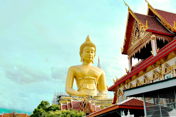 長尾船沿著運河遊覽,欣賞金大佛的壯麗景色