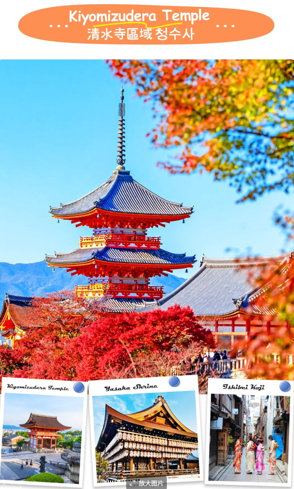 清水寺区域
推荐一:清水寺(门票费用敬请自理)-二、三年坂-石塀小路-祗园·花见小路-八坂神社
推荐二:和服体验,有兴趣的客人可以换上和服,漫步古街,清水寺参拜,留下最美的一刻