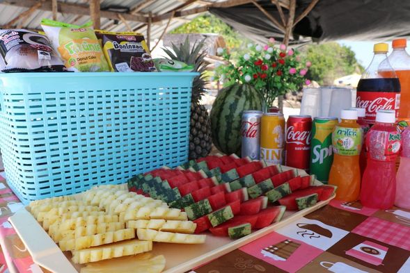 snacks bar, soft drinks, and fruits