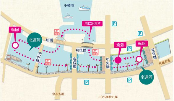 コースマップ:発着は、観光にも便利な小樽運河の中央橋。1周約40分のクルーズをお楽しみください。