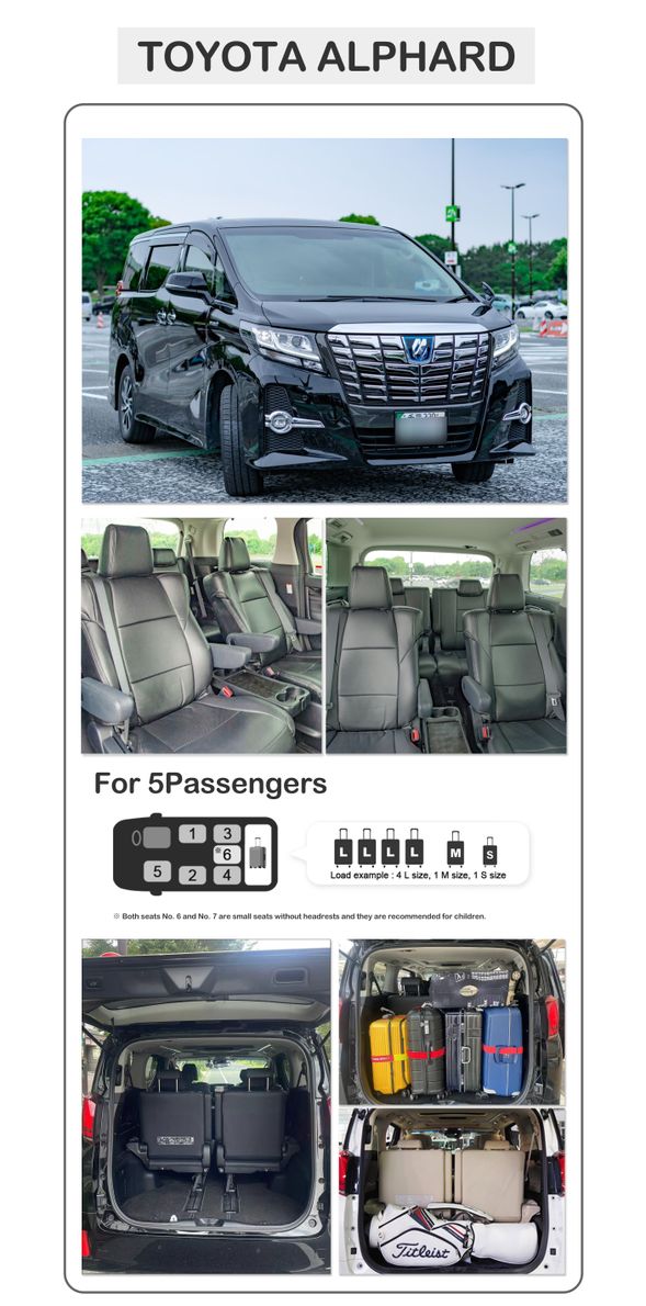 7-passenger vehicle
Vehicle type: Toyota Alphard or similar vehicle
Maximum passenger capacity: 6 people (4 pieces of 26-inch luggage)