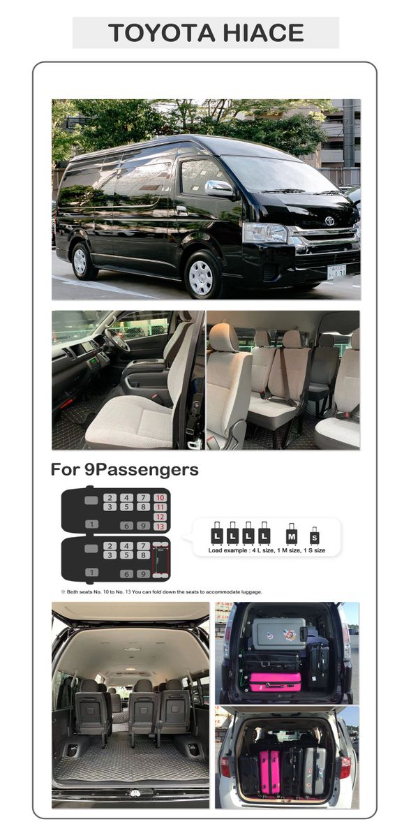 10-passenger vehicle
Vehicle type: Toyota Hiace or similar vehicle
Maximum passenger capacity: 9 people (9 pieces of 26-inch luggage)