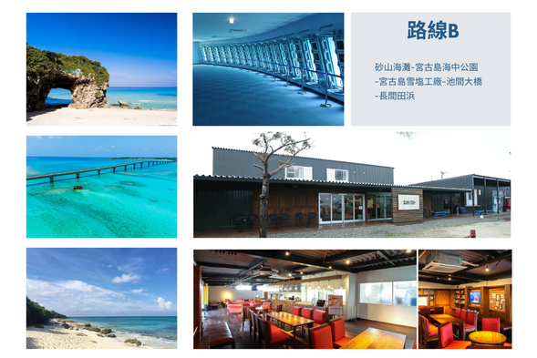 路線B.砂山海灘-宮古島海中公園-宮古島雪塩工廠-池間大橋-長間田浜