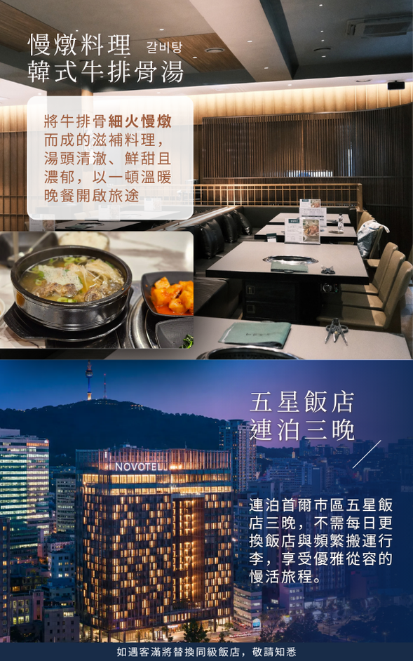 ❮ 抵達首爾,以一頓溫暖晚餐開啟旅途 ❯
📍 桃園國際機場 ➩ 仁川國際機場
🍽️ 午餐:機上享用
🍽️ 晚餐:慢燉牛排骨湯
🏨 5 ★ Novotel Ambassador Seoul Dongdaemun|東大門諾富特.連泊三晚
✨ 午後由桃園機場出發,夜晚抵達仁川,完成入境手續並與導遊會合後前往餐廳,以一碗熱騰騰的牛排骨湯作為抵達韓國後的第一餐。