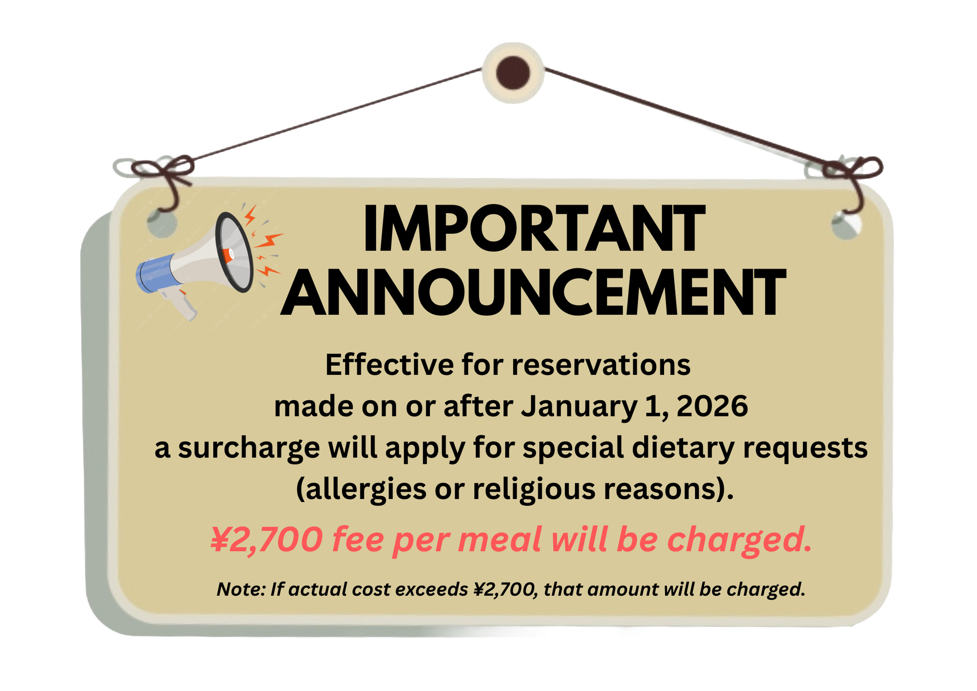 Special dietary requests surcharge from January 1, 2026